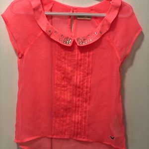 Hollister Size XS Coral Pink Gem Sparkles Collar Top  Short Sleeve Fashion Wear